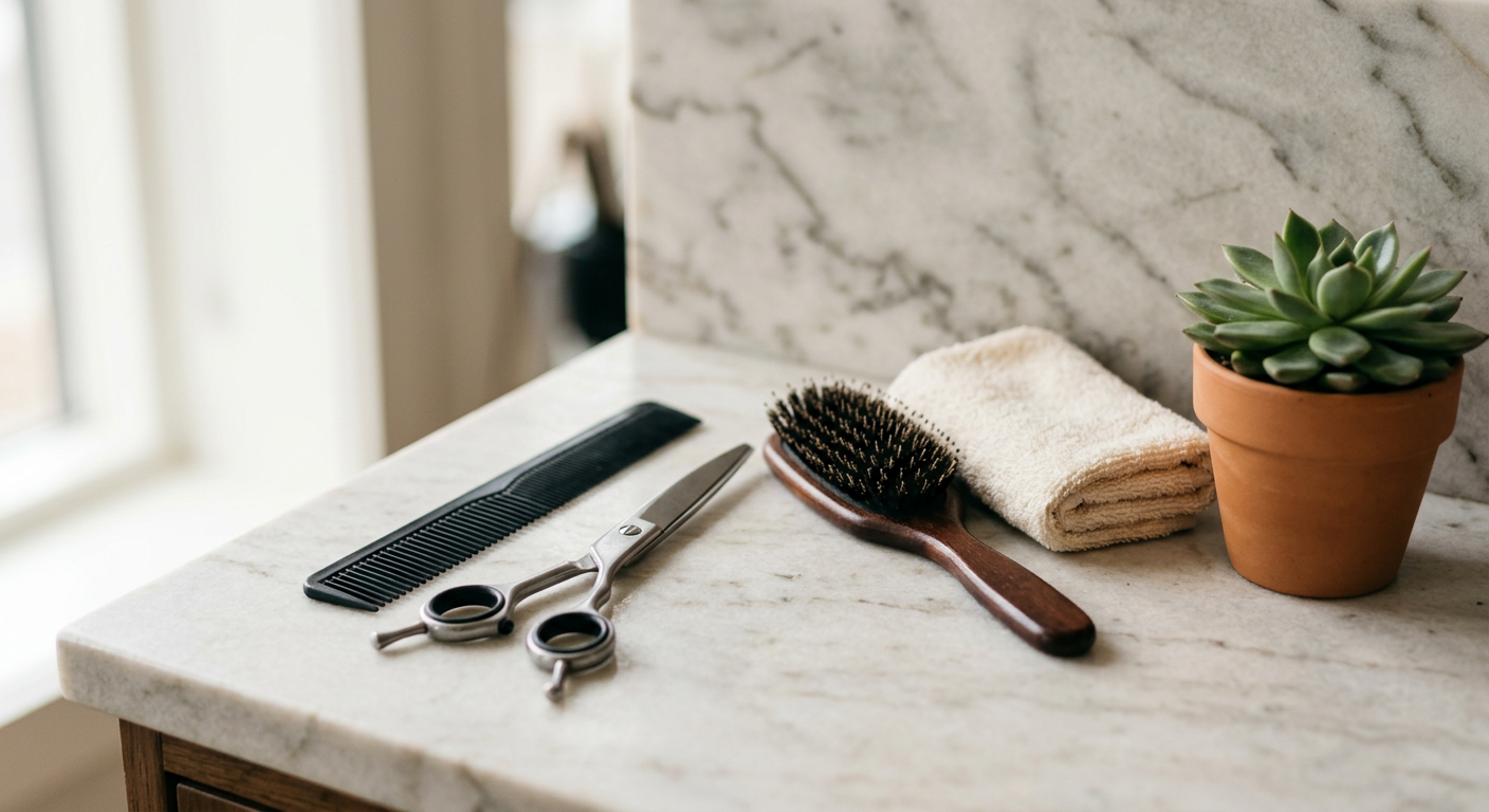 Hairdressing scissors, comb and brush arranged on a light countertop
