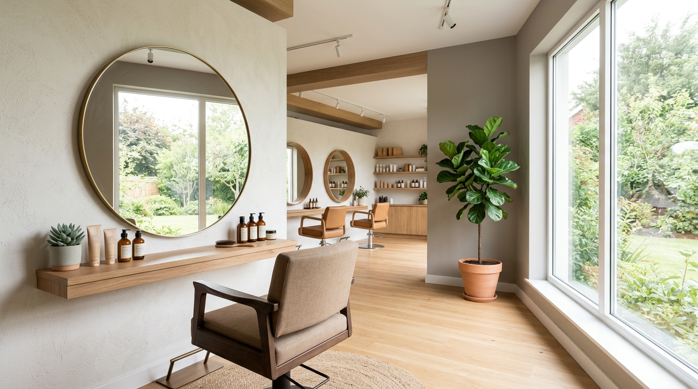 Bright, modern hair salon interior with a styling chair and mirror